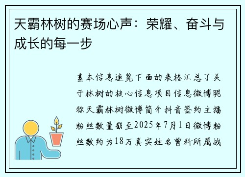 天霸林树的赛场心声：荣耀、奋斗与成长的每一步
