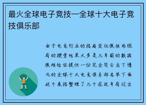 最火全球电子竞技—全球十大电子竞技俱乐部